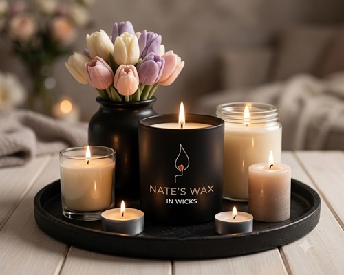 Assorted handmade candles arranged on a dark surface