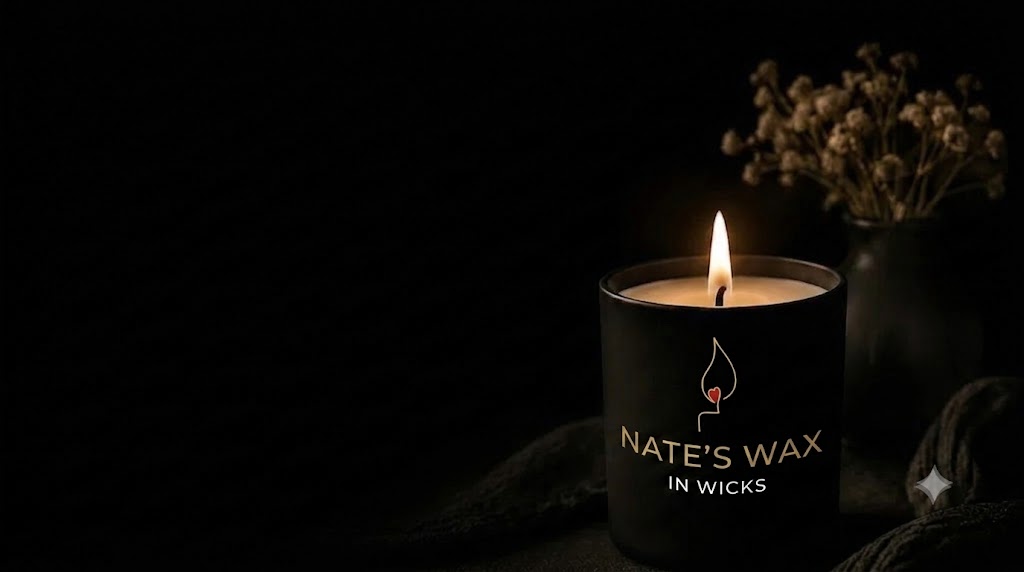 Lit scented candle in a dark glass jar with dried flowers in background